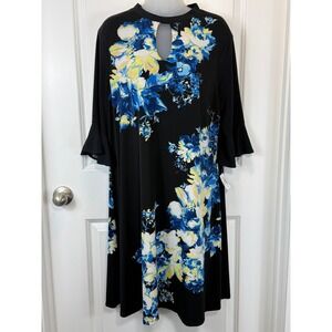 NWT Roz‎ Ali Black Floral Bell Sleeve Keyhole Neck Dress XLMidi X-Large Career